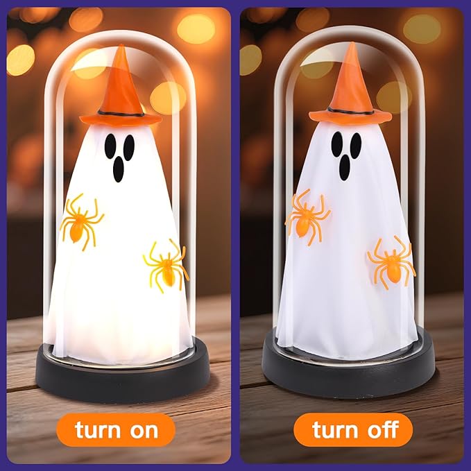 Halloween Decor-Halloween Decorations Indoor-Light Up Ghost in Glass Cloche-Cute Ghost with Light for Home Kitchen Mantel Tabletop Party Decor- Ghost-Orange