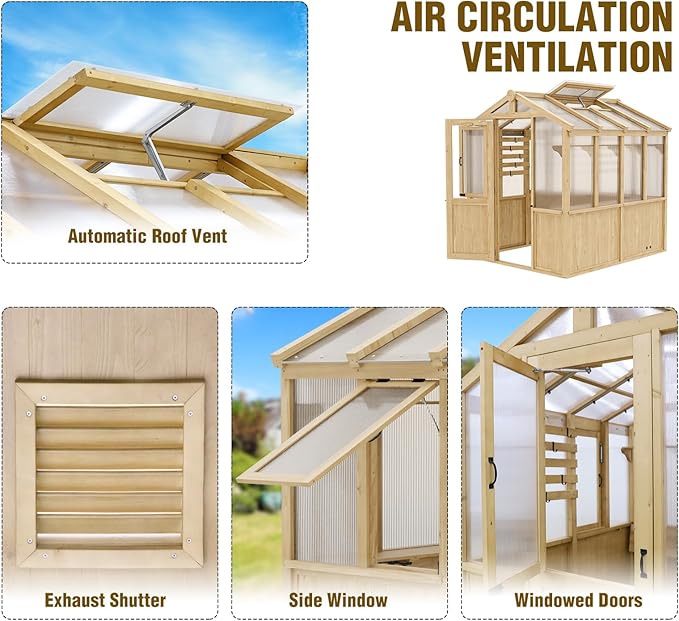 EAGLE PEAK 6.7x7.8x7.7 ft Wood and Polycarbonate Walk-in Greenhouse, Cedar Hobby Green House with Roof Vent, Natural