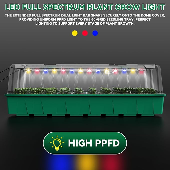 120 Cell Seed Starter Tray, Seed Starter Kit with Growth Light, 3.54-inch Humidity Dome Seedling Germinatio Starter Kit, Indoor Seed Germination Tray for Plant Reproduction and Seed Initiation.
