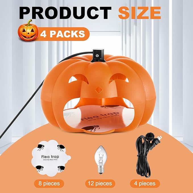 Qualirey 4 Pieces Flea Traps with 8 Sticky Disc 12 Bulbs 4 Electric Wires Pumpkin Halloween Flea Traps for Inside Your Home Light Trap for Indoor Safe to Pets