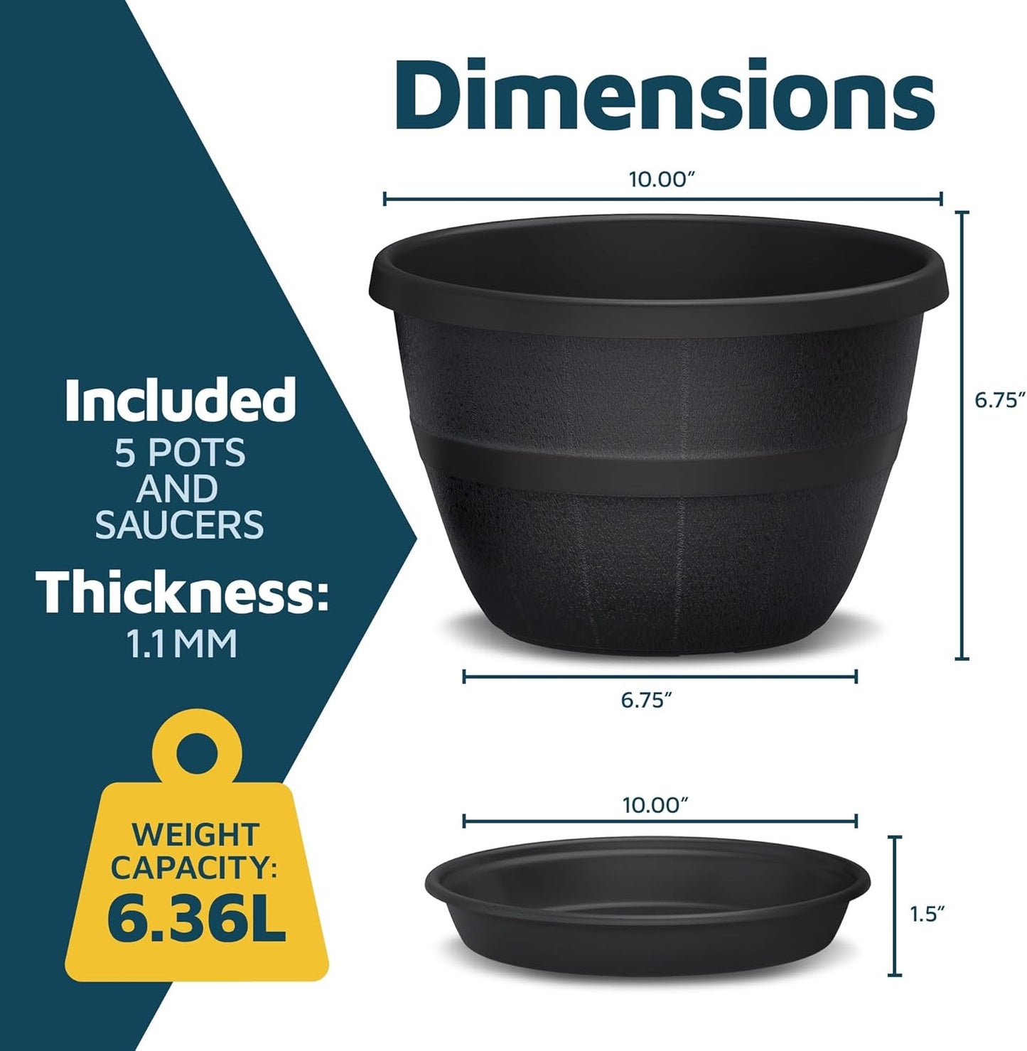 10-Inch Whiskey Barrel Planters Outdoor Pack of 5 - Durable Plastic Plant Pots for Indoor & Outdoor Use with Drainage & Saucer, Lightweight Rustic Barrel Planters for Flowers, Herbs & Small Plants