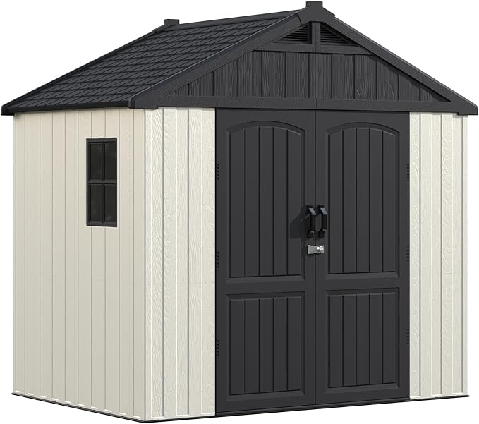 Devoko 8 x 8 FT Plastic Storage Shed with Floor, Outdoor Resin Tool Shed with Lockable Door & Sloping Roof, Patio Kick-it Shed for Garden, Backyard, Lawn, Beige