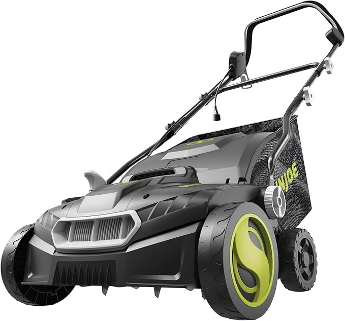 Sun Joe Electric Lawn Dethatcher & Scarifier w/ 13.2-Gal Bag, 15 Amp, 15 Inch, Black/Green - Heavy-Duty Corded Gardening Machine and Equipment for Lawn, Yard, and Grass, AJ808E