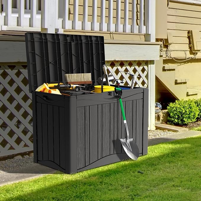 50 Gallon Heavy Duty Outdoor Deck Box with Lockable Lid, All Weather Waterproof Storage for Patio Cushions, Pool Toys, Garden Tools - Rust-Proof Resin Design (Black)