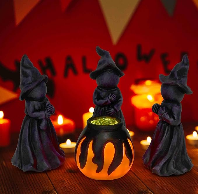 Gift Boutique Halloween Miniature Witches Cauldron Figurine Set of 4 Resin Light Up Decor for Spooky Vintage Indoor Outdoor Table Decorations Supplies