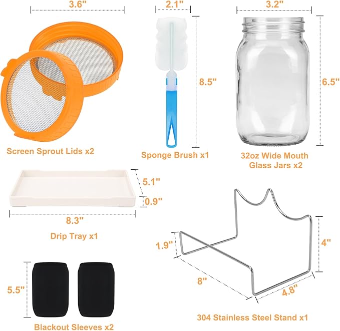 Lulonpon Sprouting Kit, 4 Sprouting Jar Kits, Wide Mouth Quart Mason Jars with Stainless Steel Screen Sprout Lids,1000ml Sprouts Growing Kit, Seed Sprouter Set for Growing Broccoli, Bean, Alfalfa ﻿