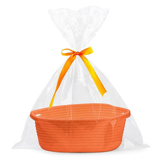Pro Goleem Small Woven Basket with Gift Bags and Ribbons Durable Baskets for Gifts Empty Small Rope Basket for Storage 12"X 8" X 5" Baby Toy Basket with Handles, Orange