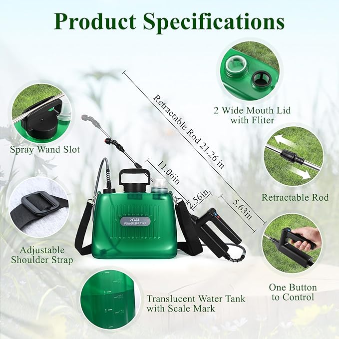 Battery Powered Sprayer 2 Gallon, Garden Sprayer with Upgraded Electric Rechargeable Handle, 5 Mist Nozzles, Transparent Tank with Scale Mark, Suitable for Lawn, Garden