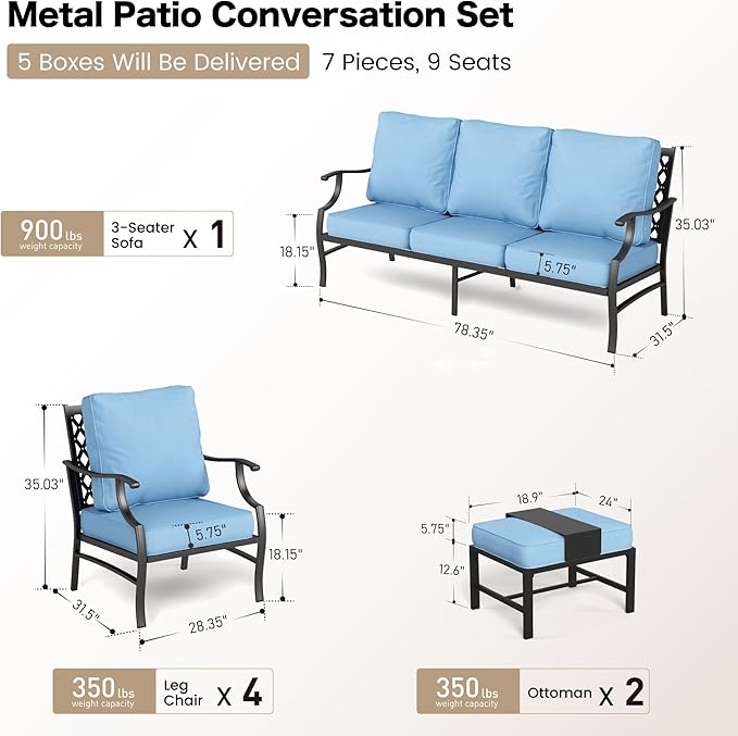 7 Piece Metal Outdoor Patio Furniture Set, Patio Conversation Sets 1 3-seater Sofa, 4 Fixed Chair, 2 Ottomans with 5.75" Thick Cushion, Black All-weather Frame Backyard Furniture, Blue