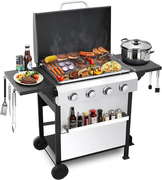 4-Burner Flat Top Propane Gas Grill Stainless Steel Griddle Combo with Foldable Side Table, 49,200 BTU Outdoor BBQ Grill, Porcelain-Enameled Cast Iron Grids, for Backyard, Patio Cooking
