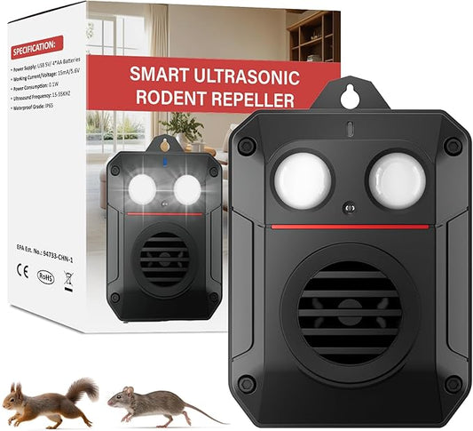 Ultrasonic Rodent Repellent with Strobe Light and Ultrasonic Wave, Effective Mouse Deterrent for Vehicle, Car, Basement, Attic, House and Garden, Keep Mice Away