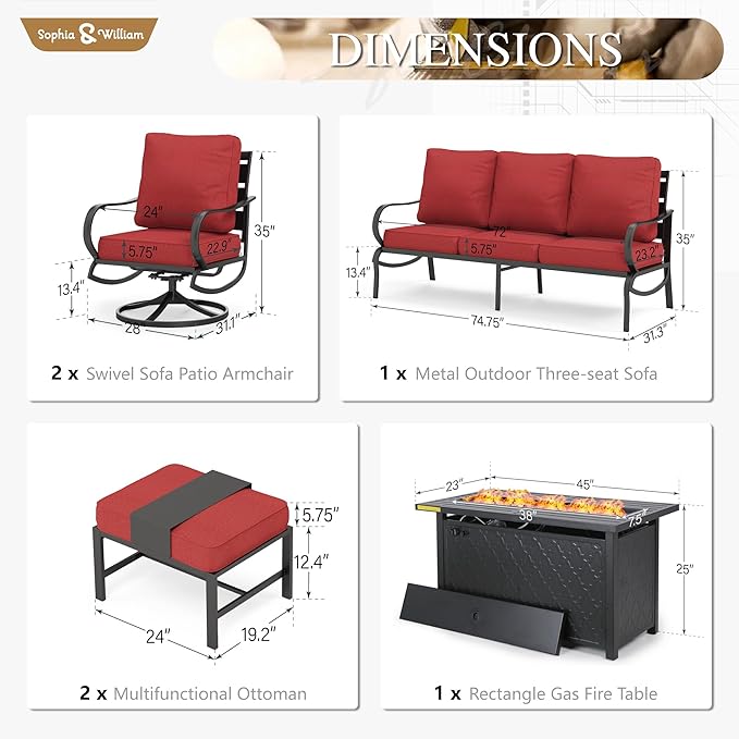 Sophia & William Patio Furniture Sets with 45" Gas Fire Pit Table for 7 Outdoor Conversation Sets 6 Pcs, 2 x Swivel Cushioned Sofa Chairs, 1x3-Seat Sofa, 2xOttomans for Backyard Poolside Red