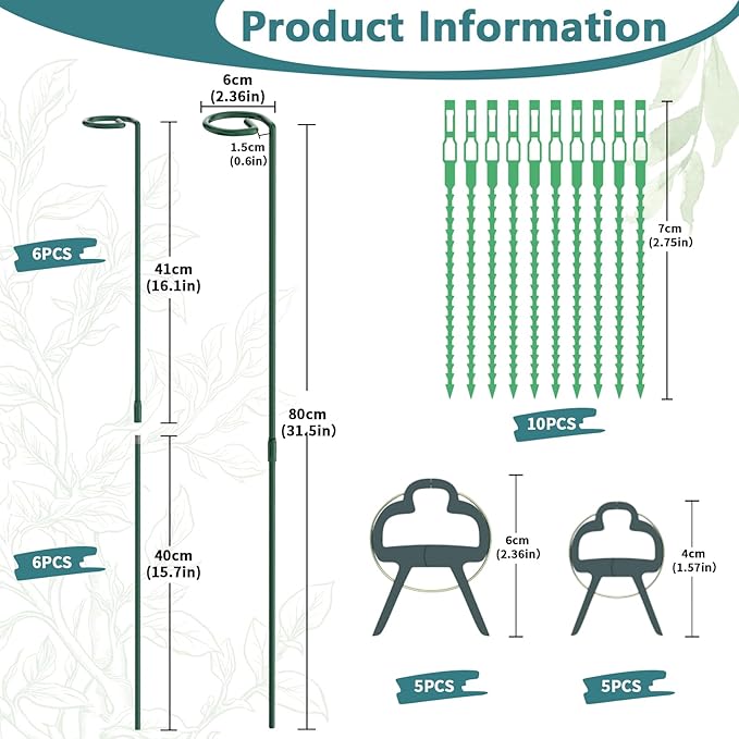 Plant Stakes for Indoor Outdoor Plants, 6 Packs 31.5 inches Plant Support Stakes with Twist Ties and Clips, Climbing Plant Sticks Garden Flower Stakes Support Hoops for Tomato, Pepper, Peony