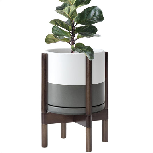 D'vine Dev Ceramic Planter with Walnut Color Stand - 10 Inch Modern Round Flower Pot with Wood Planter Holder, White/Grey, 55-B-X-6