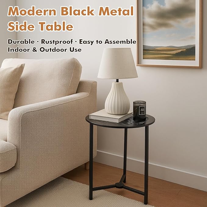 2 Packs 13" Small Metal Side Tables Indoor Black Outside End Table for Outdoor Patio Round Accent Garden Corner Stand for Small Spaces Weather-Resistant Coffee Table for Balcony Porch Plant Stand