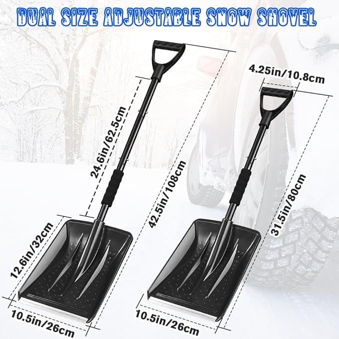 Snow Shovel for Car & Driveway, Upgraded 42.5" Lightweight Aluminum Alloy Shovel, Portable Foldable Snow Shovel for Emergency, Garden, Snow Removal, Heavy Duty Ice Shovel with Ergonomic Handle (Black)