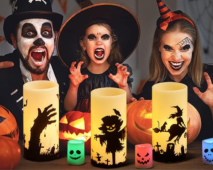 Eldnacele Halloween Flickering Candles Set of 3 Battery Operated Halloween Themed LED Candles Horror Spooky Decoration…