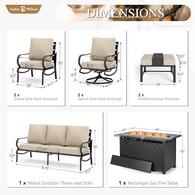 Sophia & William Patio Furniture Sets for 9 with 45" Gas Fire Pit Table Outdoor Conversation Sets 8 Pcs, 2xSofa Chairs, 2xSwivel Cushion Chairs, 1x3-Seat Sofa, 2xOttomans for Porch Poolside Beige