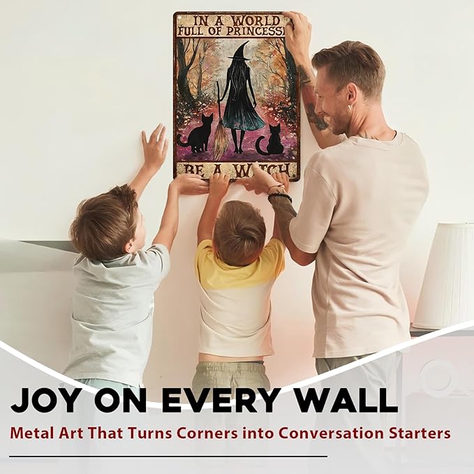 Halloween Witch Girl And Black Cat Vintage Sign In A World Full Of Princesses Be A Witch Halloween Metal Tin Sign for Home Bar Kitchen Hotel Dining Room Coffee 12x16inch