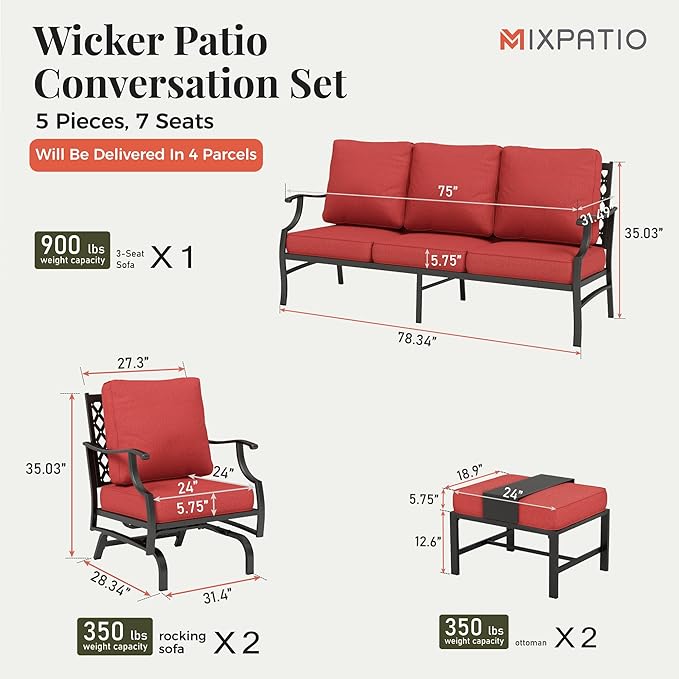 Patio Furniture Set 5 pcs, Outdoor Patio Furniture, 3-Seat Sofa, 2 Rocking Chairs, 2 Ottomans and 5.75" Extra Thick Cushion, Patio Conversation Set for Garden Backyard Deck,Red