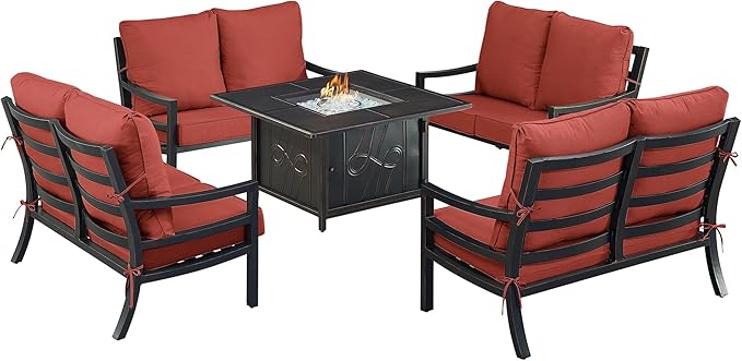 Oakland Living Black Aluminum Patio Fire Table Set with Four Deep Seating Loveseat with Cushions with Red Cushions