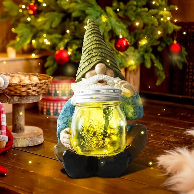 Solar Firefly Jar Gnome Waterproof- Halloween Large Garden Gnome Funny Solar Outdoor LED Lights Resin Statues 10.6" Lantern Figurines Decorations Birthday Gifts for Mom Women-Housewarming Gifts