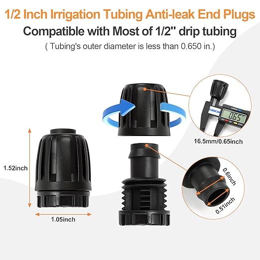 1/2 Inch Drip Irrigation End Plug Fittings, 12 Pieces 1/2'' Drip Line Barbed Locked End Cap Connectors for 1/2 Inch Irrigation Tubing (1/2" ID x 0.640" OD) for Garden Watering System