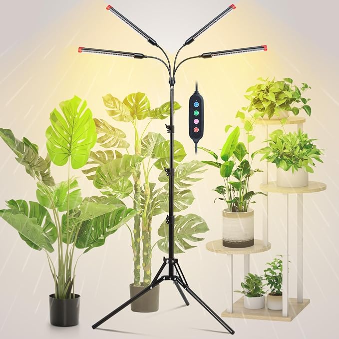 4-Head Tripod Stand Grow Lights for Tall House Plants, Seed Starting, Bonsai Tree with Timer, 36W Standing LED Plant Growing Lamps, Enough High-Intensity Like Sun, Best Gift for Plants Lover
