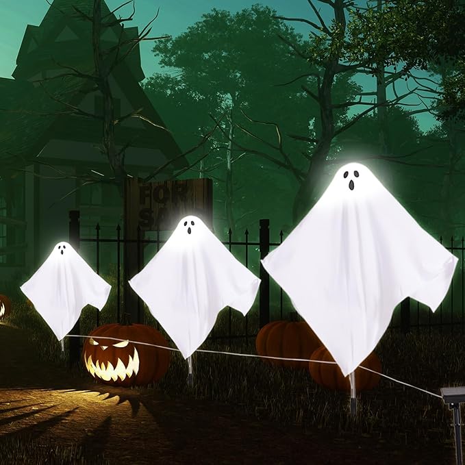 3Pack Halloween Solar Pathway Lights Ghost Stake Lights, Solar Powered Outdoor Decor for Yard, Lawn, Party & Halloween Decoration