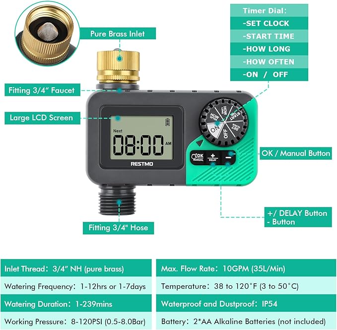 RESTMO Sprinkler Timer with Brass Inlet, Water Timer for Garden Hose, Rain Delay/Manual/Automatic for Outdoor Faucet, Drip Irrigation and Lawn Watering System