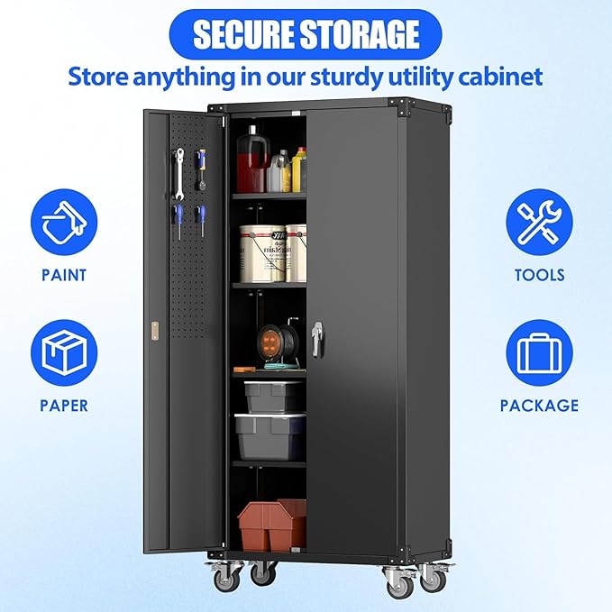 Metal Garage Storage Cabinet with Wheels and Pegboard, 72" H Rolling Steel Storage Cabinet with 4 Adjustable Shelves and Lockable Door for Garage, Office, Home,Required Assembly,Black