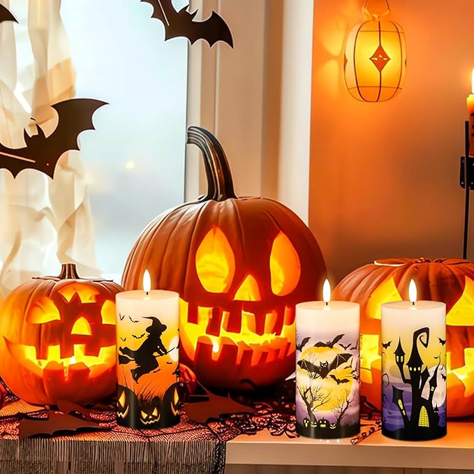 DRomance Halloween Flameless LED Candles Battery Operated with Remote and Timer, Real Wax Flickering Pillar Candles 3D Wick Dimmable Light Castle Witch Bats Halloween Decor(3 Pack, 3 x 6 Inches)