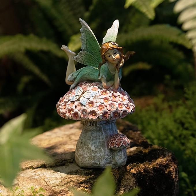 Garden Fairy Decor for Outside, Fairy Garden,Flower Fairy Outdoor Statue,Solar Powered Resin Ornaments,Patio Lawn Yard Porch, Garden Fairy Figurines for Home Garden Gifts,8.66inches Tall