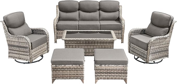 Luxury High Back Outdoor Furniture with 6-Inch Thick Cushions, Patio Furniture Set with Swivel Chairs, 6 PCS Wicker Conversation Set for Porch, Balcony, Deck and Yard