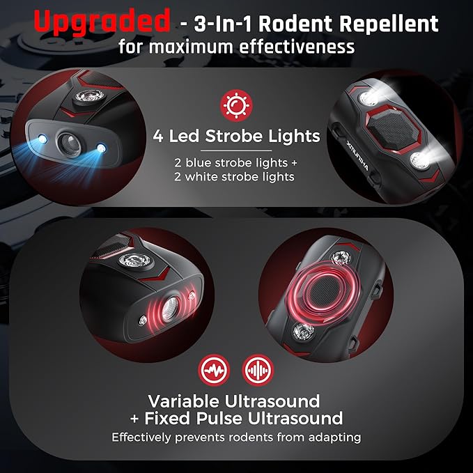 Ultrasonic Rodent Repellent for Car Engines - Under Hood Mouse Repellent with Upgraded 4 LED Strobe Lights, Plug-in & Battery Powered, Keep Rodents Out of Cars, RVs, Trucks, Garage, Indoor, Outdoor