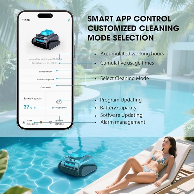 Cordless Robotic Pool Cleaner, Automatic Pool Robot with 2H Runtime, 80GPM Strong Suction, Wall-Climbing Function, Smart App & Bluetooth Control, 3-in-1 Cleaning for Floor, Wall & Waterline