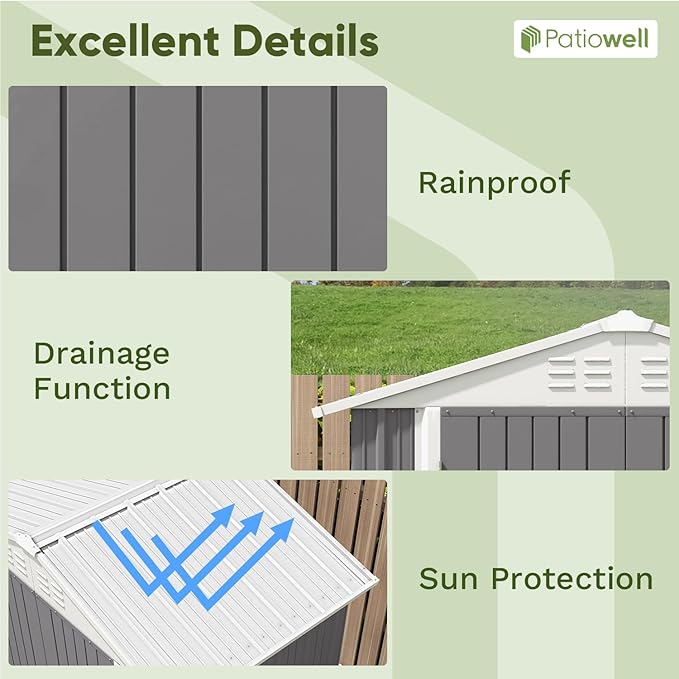 Patiowell 6x4 FT Outdoor Storage Shed, Water-Resistance Metal Outdoor Sheds with Vents & Lock, Garden Shed of Galvanized Steel for Lawn, Patio, Backyard Garden Tools, Bikes, Green