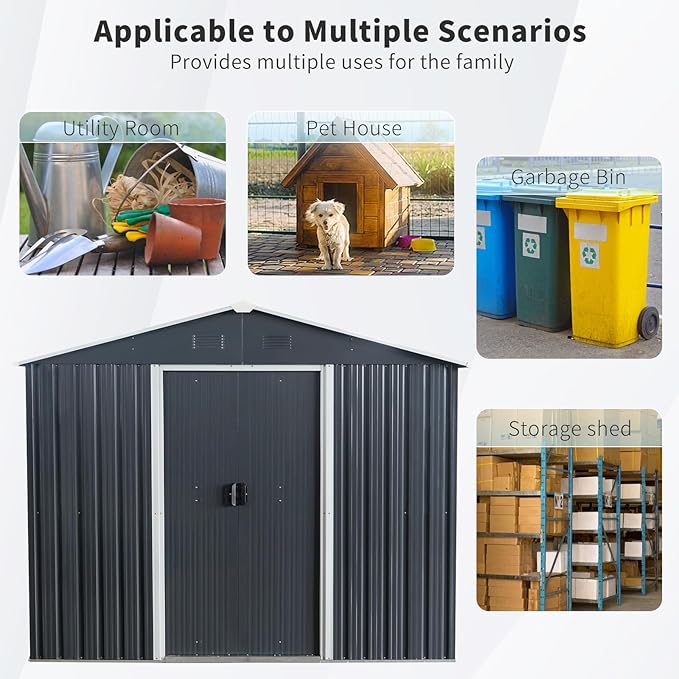 8x10 FT Outdoor Storage Shed, Metal Garden Shed with Frame Floor, Outside Tool Shed with Lockable Sliding Doors, Waterproof Storage Building with Sloped Roof for Backyard, Patio, Lawn, Black