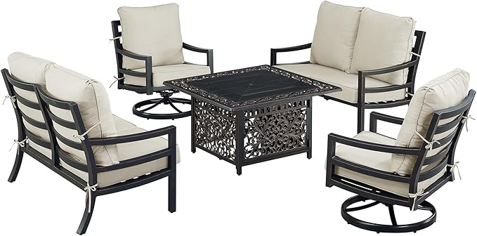 Oakland Living Black Aluminum Patio Fire Table Set with Two Deep Seating Loveseat with Cushions and Two Club Chairs with Light Grey Cushions