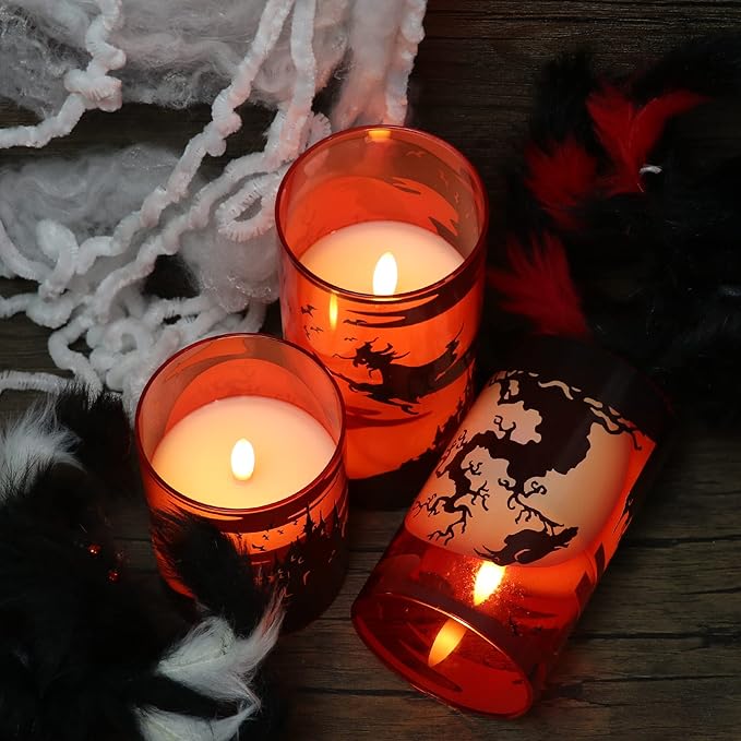 DRomance Witch Glass Flameless Candles with Remote and Timer, Battery Operated Realistic 3D Wick Flickering Real Wax LED Candles Halloween Window Table Holiday Dinner Decor Gifts(3 x 4,5,6 Inches)