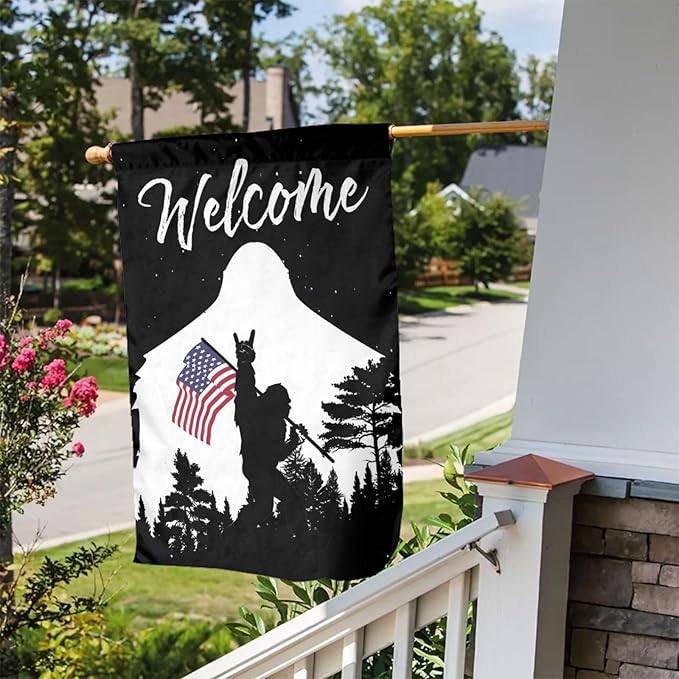 Bigfoot American Flag Garden Flag Welcome Party Outdoor Outside Decorations Picks Home House Garden Yard Decor 12x18 Inch
