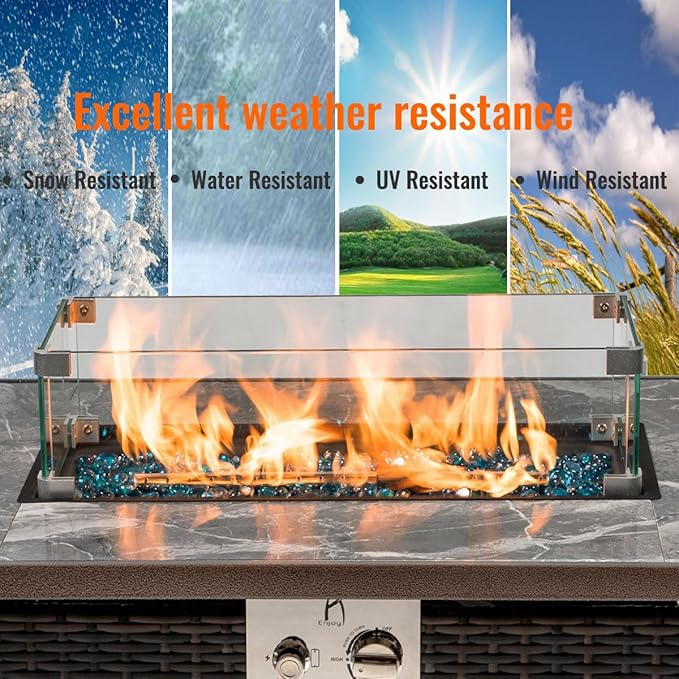 42'' Propane Fire Pit Table, Marble Tile Ceramic Tabletop with Glass Wind Guard, 50,000 BTU Fire Table with Inclined Leg and Art Powder Design, Blue Glass Rocks, Including Lid&Cover, Brown