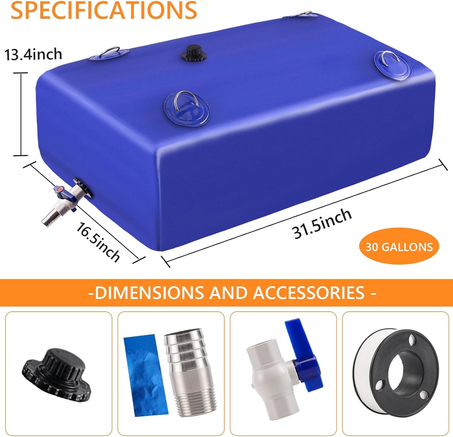 Water Tank, 30 Gallon Water Storage Bladder, Foldable Portable Water Storage, Large Water Storage Containers with 3/4" PVC Spigot and Hose Kit for Camping, Garden, Emergency Water Bag