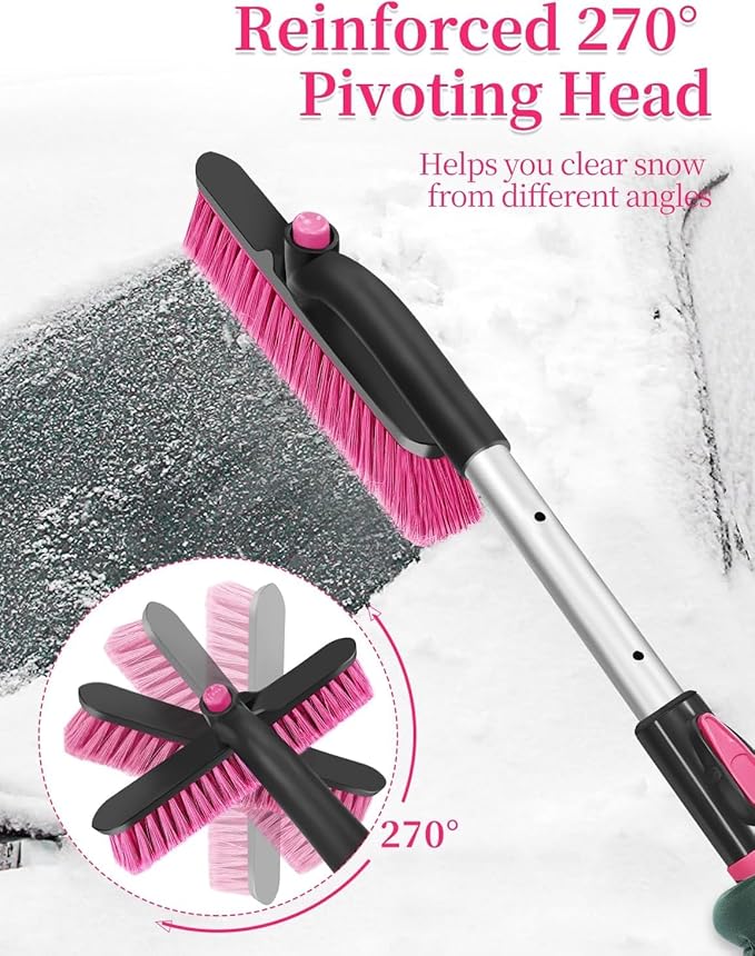 HEEYA 12.6 Inch Large Brush Head with Ice Scraper, Extendable Car Scraper Snow Brush for Car Window Windshield, Portable Snow Scraper for SUV Truck Vehicle Automobile - Pink