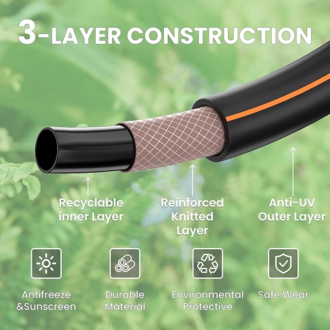 Giraffe Tools 100Ft 5/8" Garden Hose Set with 10-Pattern Spray Nozzle, Quick Connect Adapters & Splitter, for Lawn Care, Car Washing, Bed Garden Water Hose
