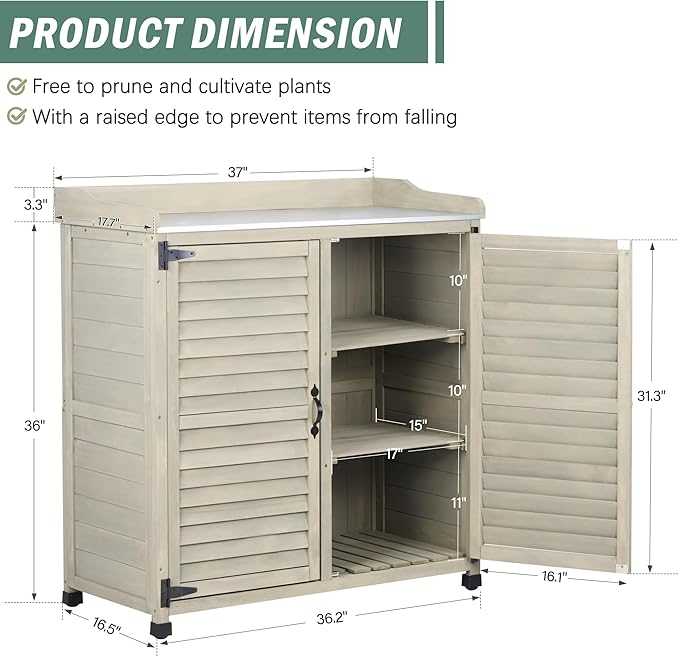 Outdoor Potting Bench with Metal Work Top,Waterproof Garden Storage Cabinet,Wooden Tool Station Shed for Backyard,Patio,Lawn Gardening