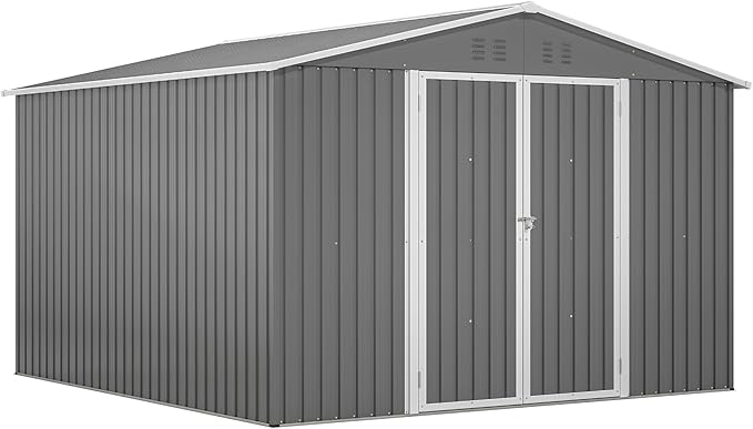 10×10 FT Outdoor Storage Shed,Metal Aluminum Waterproof Tool Sheds with Doors and Vents,Heavy-Duty Sheds Unit W/Lock and Key,for Storing Bicycles,Lawnmowers,Barbeques,Gray