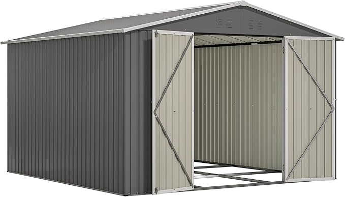 10×10 FT Outdoor Storage Shed,Metal Aluminum Waterproof Tool Sheds with Foundation,Doors & Vents,Heavy-Duty Sheds Unit W/Lock & Key,for Storing Bicycles,Lawnmowers,Barbeques,Gray
