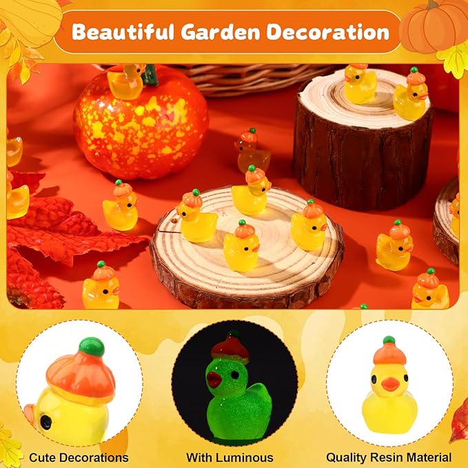 100Pcs Fall Mini Resin Duck Luminous Resin Duck Glow in The Dark Fall Mini Duck Halloween Tiny Animals Miniature Figurine for Fall Party Home Ornament Halloween Favor Miniature Landscape