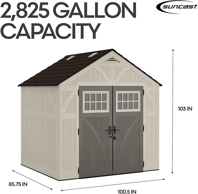 Suncast 8' x 7' Heavy-Duty Resin Tremont Storage Shed with Reinforced Floor, Skylights for Natural Light, Lockable Double Doors, Cream, Made in the USA